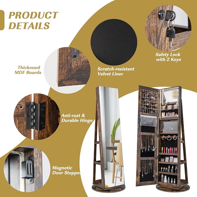 Byroce 360° Rotating Jewelry Armoire with Full Length Mirror, Lockable Jewelry Cabinet with 3-Color LED Lights, Rear Storage Shelves & Inside Makeup Mirror, Standing Jewelry Organizer (Rustic Brown)