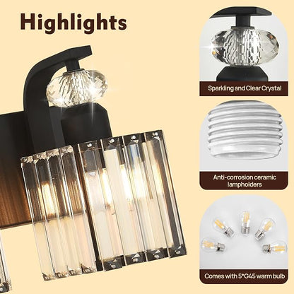 Modern Bathroom Vanity Light, 5-Light Black Bathroom Lighting Fixtures Over Mirror, 36.3" Crystal Wall Light Sconce for Bathroom/Bedroom/Vanity, Includes LED Bulbs, Easy Installation