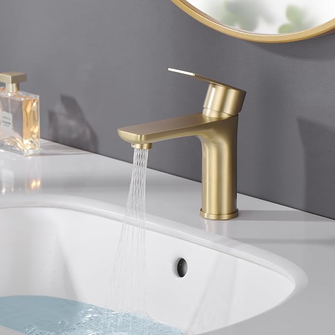 SUMERAIN Bathroom Sink Faucet Lead-Free 304 Stainless Steel Single Hole Single Handle Vanity Faucet, Brushed Gold | Lead-Free, Unique Flow Pattern, Water-saving, with Faucet Supply Lines, Easy DIY Install