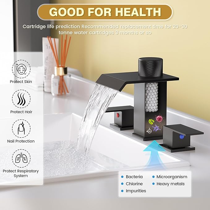 Bathroom Faucet 3 Hole, Black Bathroom Sink Faucet with Filter, 8 Inch Widespread Waterfall Bathroom Faucet with Metal Pop-Up Drain and Supply Hoses, Perfect for Vanity, Restroom, Sink, Rv