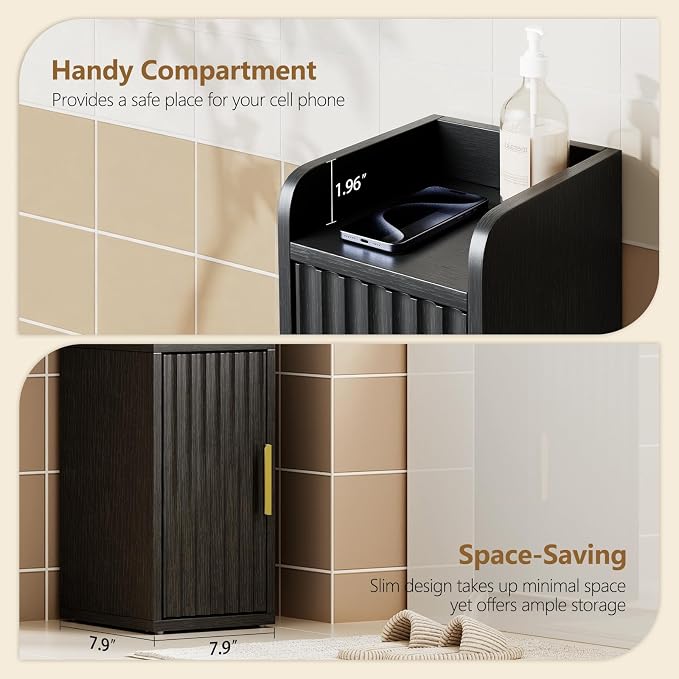 Yoobure Small Bathroom Storage Cabinet - Corner Floor Cabinet with 2 Doors & Adjustable Shelves, Narrow Slim Toilet Paper Cabinets, Skinny Bathroom Organizer for Small Space, 7.9" D x 7.9" W, Black
