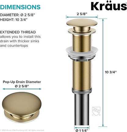 KRAUS Bathroom Sink Pop-Up Drain Assembly in Brushed Gold for Vessel Sinks and Sinks without Overflow, with Extended Thread for Thicker Countertops, PU-L10BG