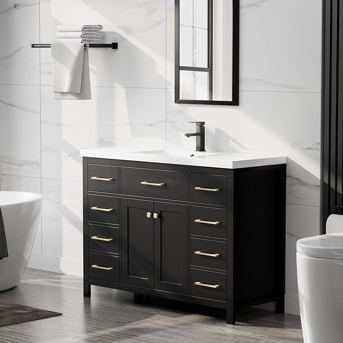 LUCKWIND 48" Modern Bathroom Vanity and Sink, Painted Bathroom Storage Cabinet with Single Resin Sink, Two Doors and Four Drawers, Include Faucet Without Mirror, Black
