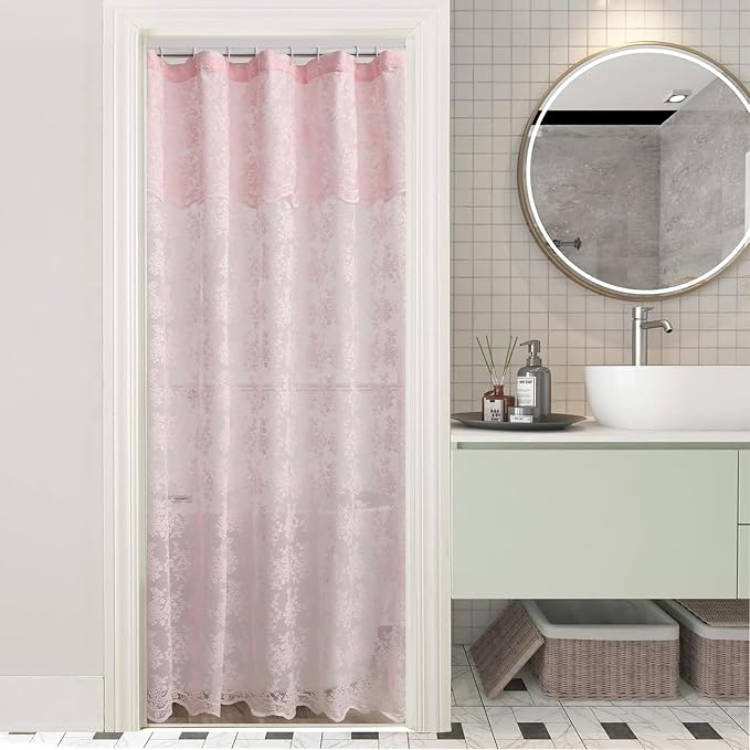Pink Lace Shower Curtain 36x72, Cute Girly Half Size with Attached Valance | Vintage Floral Lace and Scalloped Trim Filter Soft Light for Romantic Shabby Chic Style in Stalls, RVs and Small bathrooms