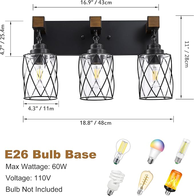 Bathroom Light Fixtures,Farmhouse Black Metal with Glass Shade | 3 Light Rustic Vanity Lights, Wood Accent Wire Cage Design, Mounts Over Mirror, Ideal for Bedroom & Hallway,Easy to Install