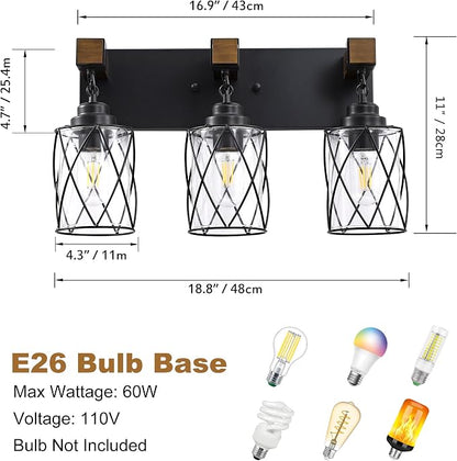 Bathroom Light Fixtures,Farmhouse Black Metal with Glass Shade | 3 Light Rustic Vanity Lights, Wood Accent Wire Cage Design, Mounts Over Mirror, Ideal for Bedroom & Hallway,Easy to Install