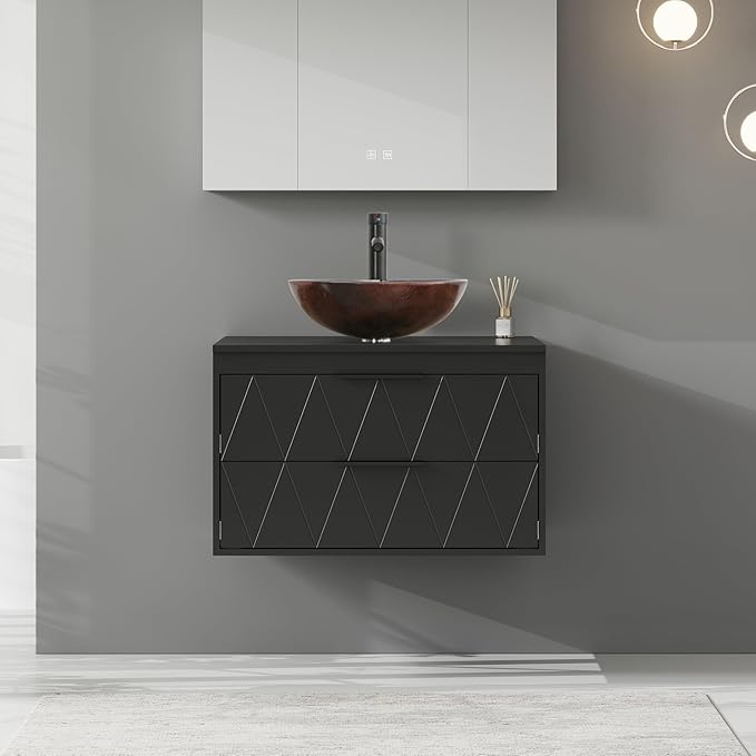 eclife 30" Floating Bathroom Vanities with Sink Combo, Wall Mounted Modern Cabinet W/Diamond Line Pattern Design, Brown Round Glass Vessel Sink W/Water Save Faucet & Pop Up Drain, Black