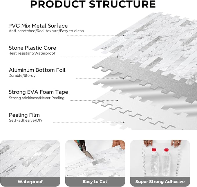STICKGOO Peel and Stick Backsplash Tile, Stick on Backsplash for Kitchen and Bathroom, Volakas White Look PVC Mixed Metal Silver Self Adhesive Wall Tiles(20 Sheets)