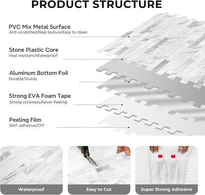 STICKGOO Peel and Stick Backsplash Tile, Stick on Backsplash for Kitchen and Bathroom, Volakas White Look PVC Mixed Metal Silver Self Adhesive Wall Tiles(20 Sheets)