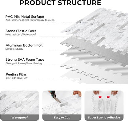 STICKGOO Peel and Stick Backsplash Tile, Stick on Backsplash for Kitchen and Bathroom, Volakas White Look PVC Mixed Metal Silver Self Adhesive Wall Tiles(Sample)