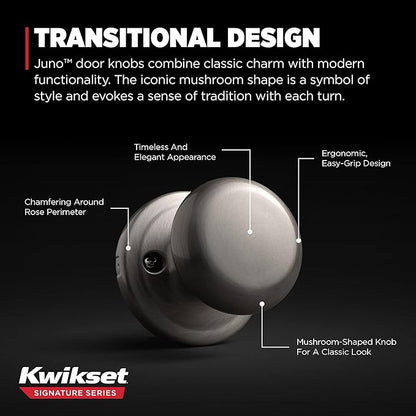 Kwikset Juno Dummy Door Knob, Single Sided Handle for Closets, French Double Doors, and Pantry, Satin Nickel Non-Turning Interior Push/Pull Door Knob, with Microban Protection (Pack of 2)