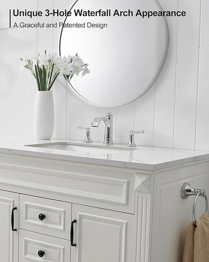 Waterfall Chrome Bathroom Faucet 3 Hole, Brass 4-16 Inch Widespread Bathroom Sink Faucet with Pop Up Drain, cUPC Supply Lines and 2 Handles for Vanity, Restroom, 10 Min Install