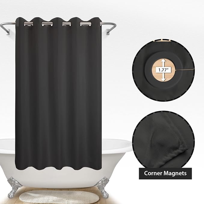 River Dream No Hook Hotel Cloth Shower Curtain Black, Standard Size | Waterproof Microfiber, Bottom Magnets, Soft Washable Fabric Shower Curtain or Liner, 71W x 74H