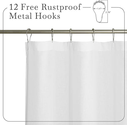 KGORGE Linen Sheer Shower Curtains White for Bathroom Bathtub Decor | Semi-Sheer Waterproof Fabric Lightweight Button Hole Half Privacy Quick Dry Drapes, Hooks Included, W72 x L78