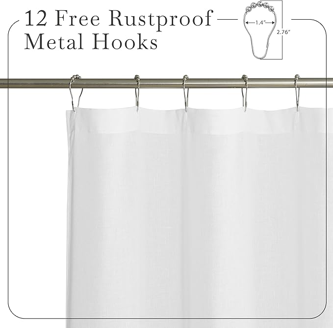 KGORGE Linen Sheer Shower Curtains White for Bathroom Bathtub Decor | Semi-Sheer Waterproof Fabric Lightweight Button Hole Half Privacy Quick Dry Drapes, Hooks Included, W72 x L84