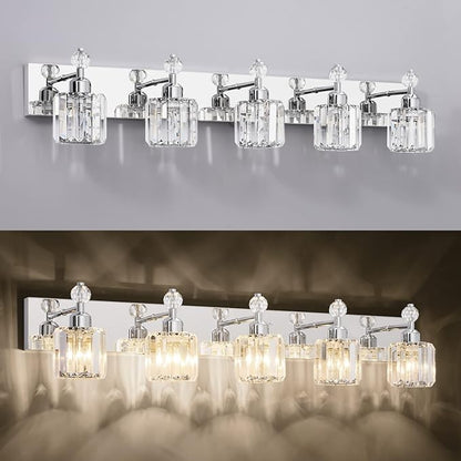 PRESDE Crystal 5-Light Vanity Light for Bathroom，Chrom Modern Bathroom Lights Fixtures Over Mirror