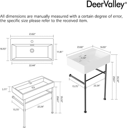 DeerValley 24"x17" Console Bathroom Sink, Free Standing 30 Inch Stainless Steel Support Pedestal Legs, Wall-Mounted White Ceramic Basin, Modern Rectangular Sink Porcelain, Matte Black