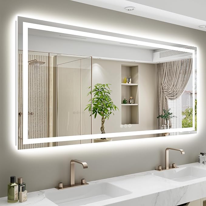 68x38 LED Bathroom Mirror with Lights, Lighted Vanity Mirror | Backlit and Front Light, Anti-Fog, 3 Color Dimmable, Memory, Tempered Glass, IP54 Waterproof, UL Listed