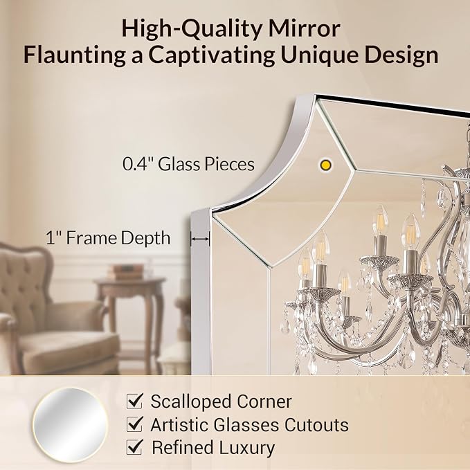 Chrome Bathroom Mirror, 24x36 Inch Polished Chrome Rectangle Mirror, Silver Vanity Mirror for Bathroom with Unique Scalloped Design, Ideal for Home Decor, Rust-Proof SUS304 Frame