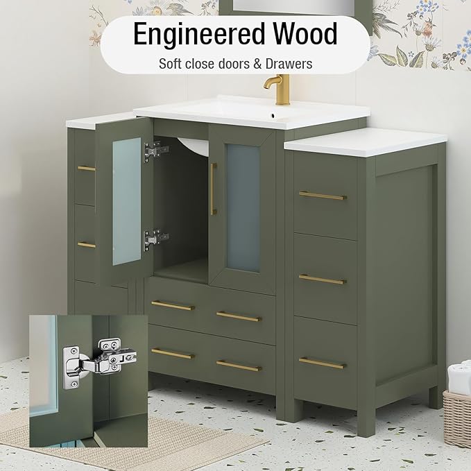 HOMEBEYOND 48 Inch Modern Bathroom Vanity with Sink & Mirror, Single Vanity Cabinet with Basin and Mirror, Dove-Tailed Drawers, Soft-Closing Doors, Wood, Vintage Green