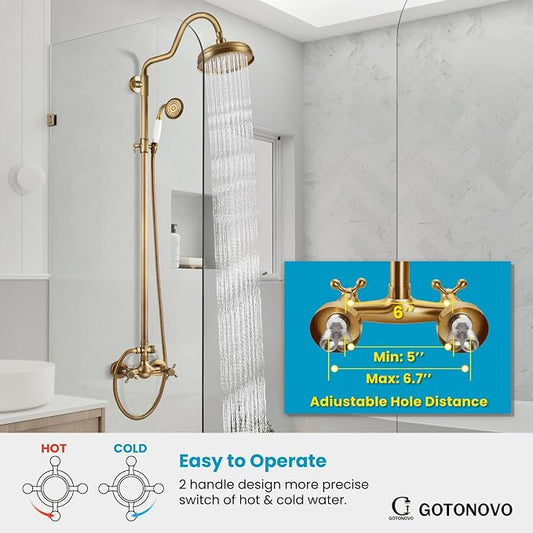 gotonovo Exposed Shower Faucet Set Luxury,Antique Brass,Curved Arc Rod | Bathroom 8” Shower Head with Handheld Spray System Fixtures,Vintage Two Cross Handle,Wall Mount,for 5-6.7" Hole,Adjust Height