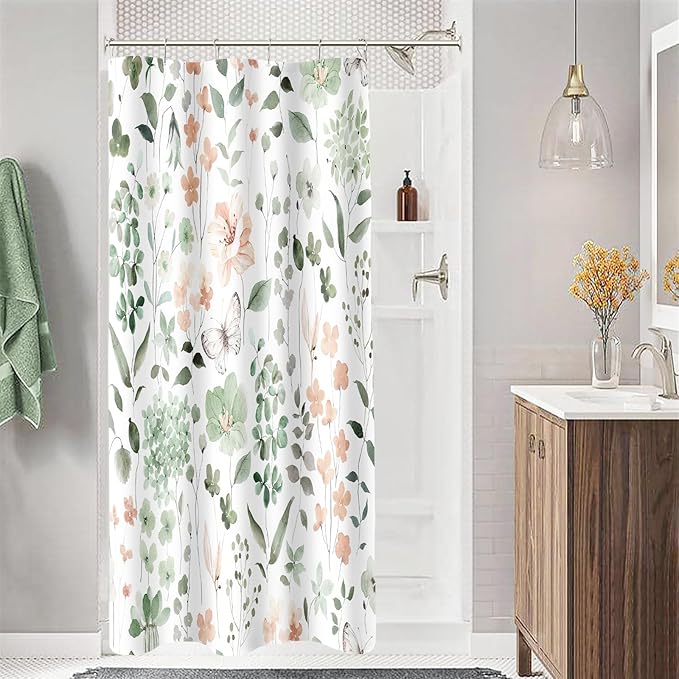 Small Stall Shower Curtain 36 x 72 Inch, Half Narrow Sage Green Floral Shower Curtain for Bathroom, Watercolor Flower Butterfly Fabric Shower Curtain Set with Hooks