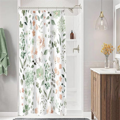 Small Stall Shower Curtain 36 x 72 Inch, Half Narrow Sage Green Floral Shower Curtain for Bathroom, Watercolor Flower Butterfly Fabric Shower Curtain Set with Hooks