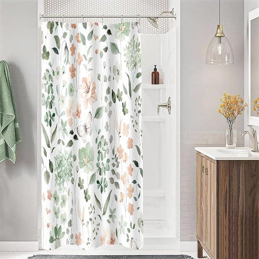 Small Stall Shower Curtain 36 x 72 Inch, Half Narrow Sage Green Floral Shower Curtain for Bathroom, Watercolor Flower Butterfly Fabric Shower Curtain Set with Hooks