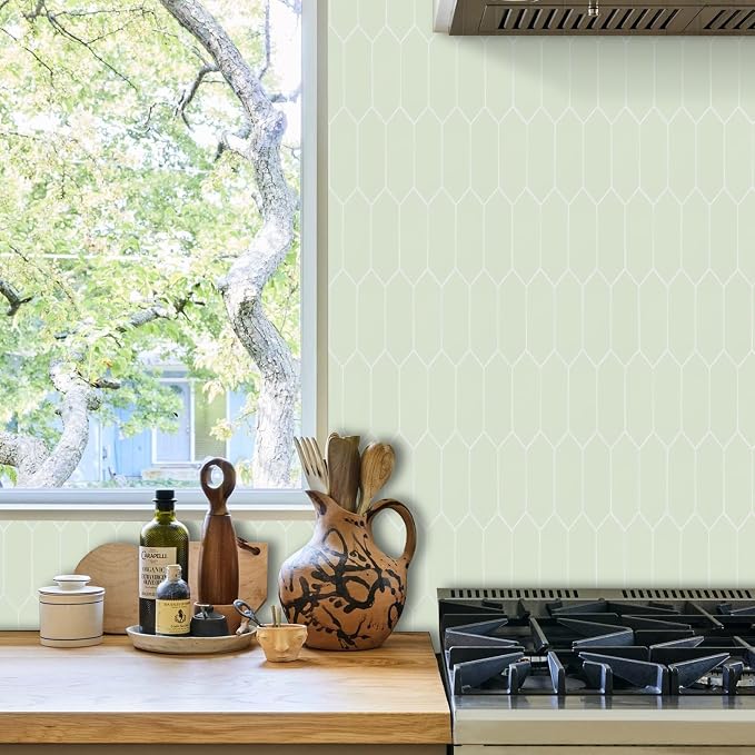 Sage Green Peel and Stick Backsplash Tile, Long Hexagon Self-Adhesive Faux Matte Ceramic Wall Stick for Kitchen and Bathroom, 6 Sheets