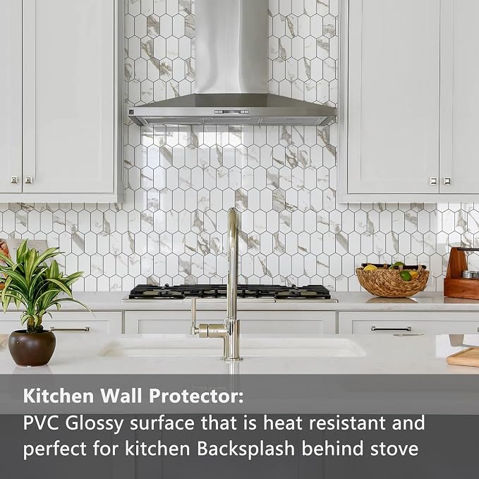 Vamos Tile Long Hexagon Peel and Stick Backsplash Tile - 10 Sheets Stick on Backsplash for Kitchen and Bathroom 12.4 x 12 Inch Glossy White Marble with Gold Veining PVC Self Adhesive Mosaic Wall Tiles