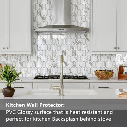 Vamos Tile Long Hexagon Peel and Stick Backsplash Tile - 10 Sheets Stick on Backsplash for Kitchen and Bathroom 12.4 x 12 Inch Glossy White Marble with Gold Veining PVC Self Adhesive Mosaic Wall Tiles