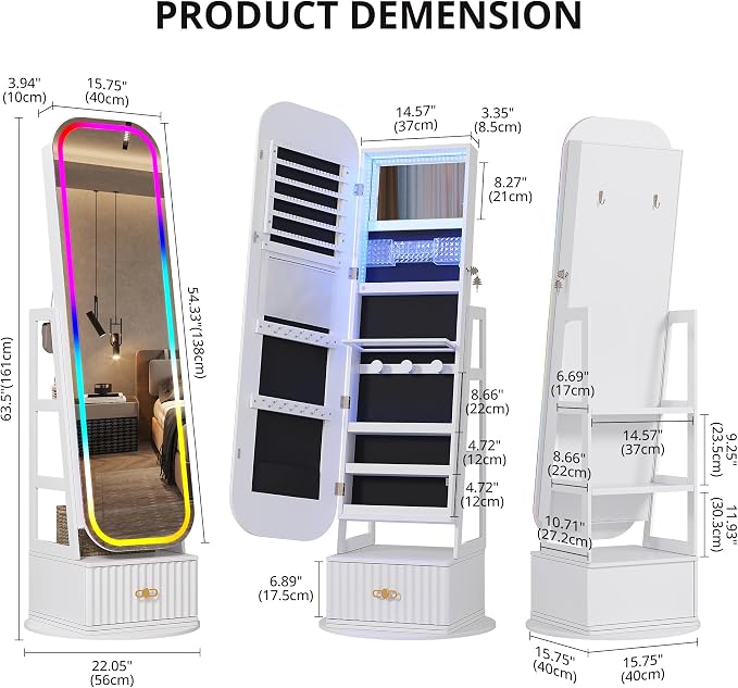 Jewelry Armoire with RGB Vanity Mirror and Foldable Makeup Shelf - White | SKKTKT Standing Jewelry Armoire - RGB Vanity Mirror, Rotating Storage and Foldable Makeup Shelf