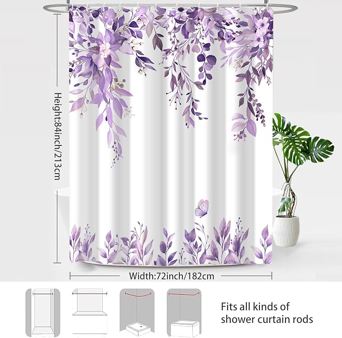 Purple Floral Eucalyptus Shower Curtain with Hooks, 72x84 Inch | Waterproof Fabric, Watercolor Leaves and Floral, Botanical Style, Machine Washable, Quick-Drying, for Hotel Bathroom