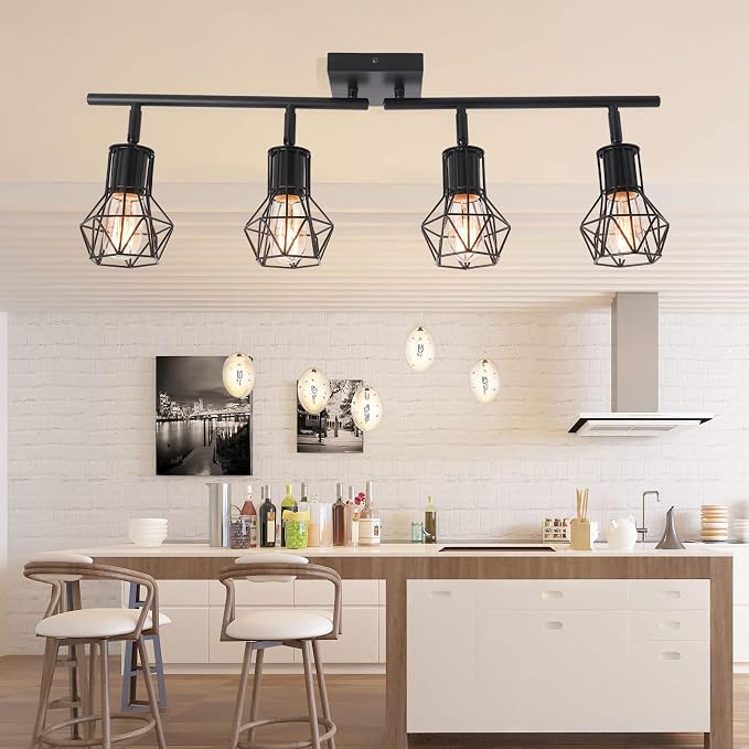 Track Lighting Fixtures Ceiling，Industrial Black Kitchen Track Lighting for Kitchen, Living Room, Dining Room, Hallway（E26 | Matte black metal build, adjustable heads, easy ceiling mount. E26 socket fits bulbs for industrial farmhouse indoor spaces