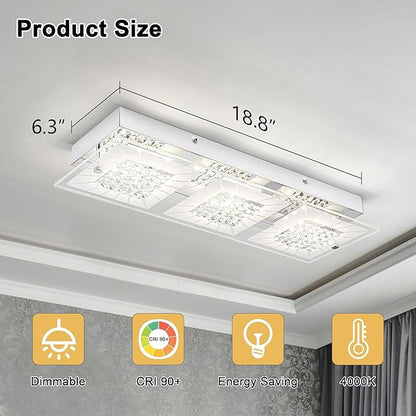 Crystal Ceiling Light Flush Mount 18 Inch Rectangular Crystal Ceiling Light Fxiture LED 4000K Dimmable Ceiling Mounted Light for Kitchen, Hallway, Bedroom, Foyer, 18W