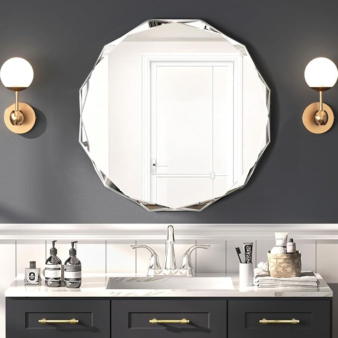 24x24 Inch Bathroom Mirrors for Over Sink, Round Frameless Mirrors for Wall | Beveled Bathroom Mirror, Bathroom Vanity Circle Mirror for Bedroom Living Room Entryway Home Decor