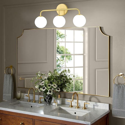 Gold Bathroom Vanity Lights, Mid Century Modern 3-Light Bathroom Lighting Fixtures Over Mirror, Brushed Gold Bathroom Lights Wall Sconce with Frosted Globe Milk Glass Shade, Wall Mount Light Fixture