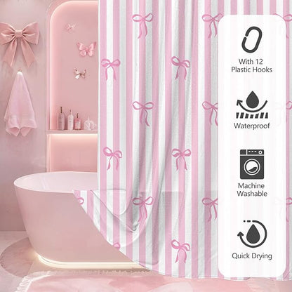 Tititex Cute Candy Cane Striped Pink Bow 140gsm Faux Linen Fabric Shower Curtain, White Pink Elegant Classic Shower Curtain Sets Decoration 72x72 Inch with Hooks