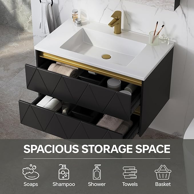 30 Inch Bathroom Vanity with Sink, Wall Mounted Floating Vanity with Modern Stripe Design, Floating Vanity Bathroom with U-Shaped Drawer, 30 Inch Vanity with Sink, Hidden Handle, Black