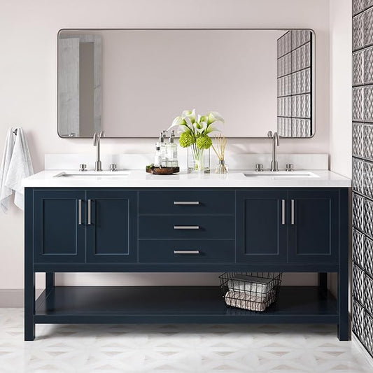 DKB Olivia 72" Midnight Blue Double Bathroom Vanity, 1.5" Pure White Quartz Countertop, Rectangular Undermount Sinks, 4 Soft-Closing Doors, 3 Dovetail Full Extension Drawers