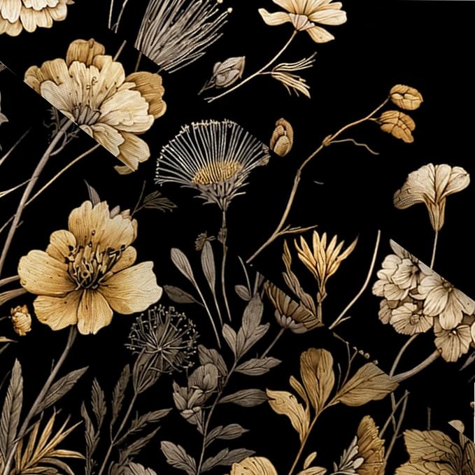 Vintage Boho Black Gold Floral Shower Curtain, Rustic Farmhouse Flower Shower Curtain Set, Cute Botanical Wlidflowers Fabric Shower Curtains Decoration, 72X72 Aesthetic Bathroom Accessories