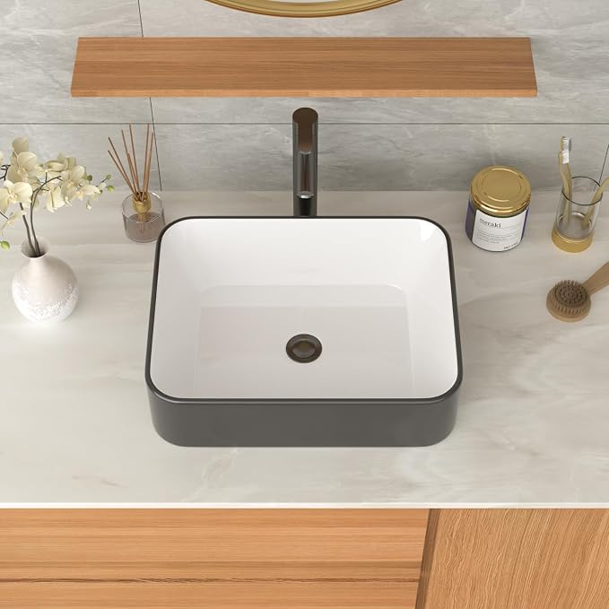 Bathroom Vessel Sink Ceramic Art Basin Above Counter White and Black | 19"x15" Rectangular Bathroom Sink Porcelain Vessel Vanity Sink
