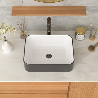 Bathroom Vessel Sink Ceramic Art Basin Above Counter White and Black | 19"x15" Rectangular Bathroom Sink Porcelain Vessel Vanity Sink