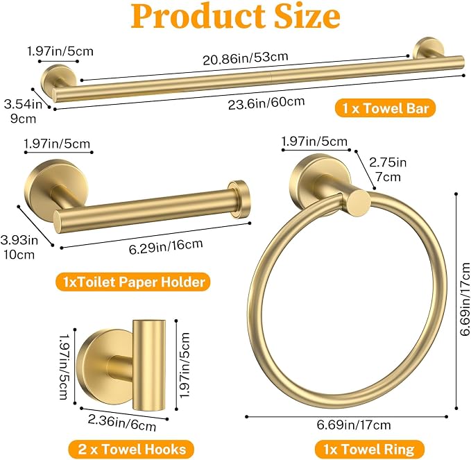 Brushed Gold Bathroom Hardware Set 6-Pieces Towel Bar Set Stainless Steel Bathroom Accessory Set 23.6 Inch Wall Mounted Towel Rack