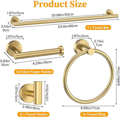 Brushed Gold Towel Bar Set 5 Pieces Round Bathroom Hardware Set Includes 23.6in Towel Bar Towel Ring Toilet Paper Holder Towel Hooks Stainless Steel Wall-Mounted Bathroom Towel Holder Set
