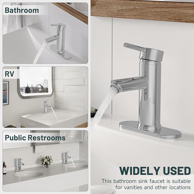 2 Pack Bathroom Faucet for 1 or 3 Holes, Chrome, Brass | Single Handle Bathroom Sink Faucets, Modern Commercial Lavatory Vanity Faucet,with Deck Plate and Supply Line, Pop Up Drain