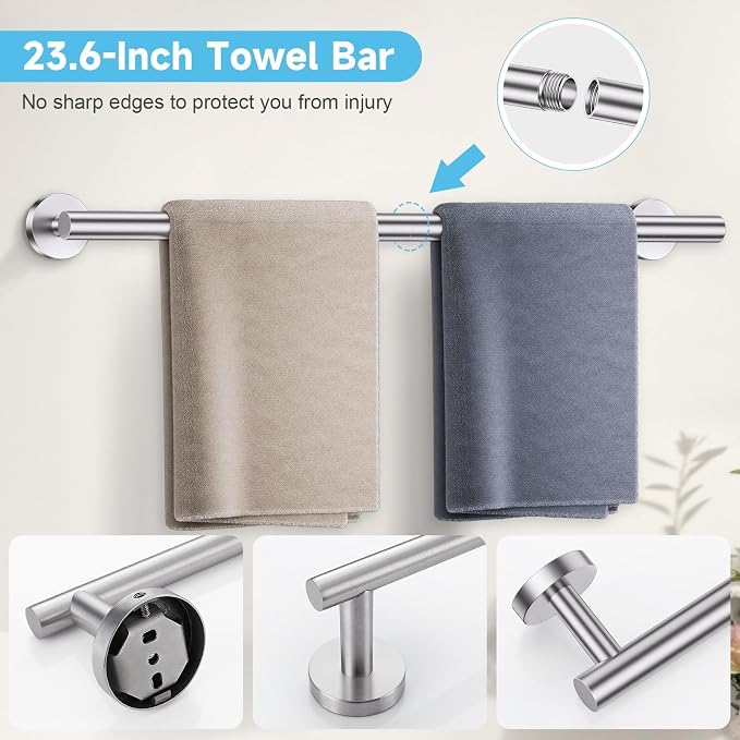 Brushed Nickel Towel Bar Set, 5-Piece Bathroom Hardware Accessories Set with Smiley Face Towel Rings, Stainless Steel Wall-Mounted Towel Holder Set for Bathroom,23.6 Inch
