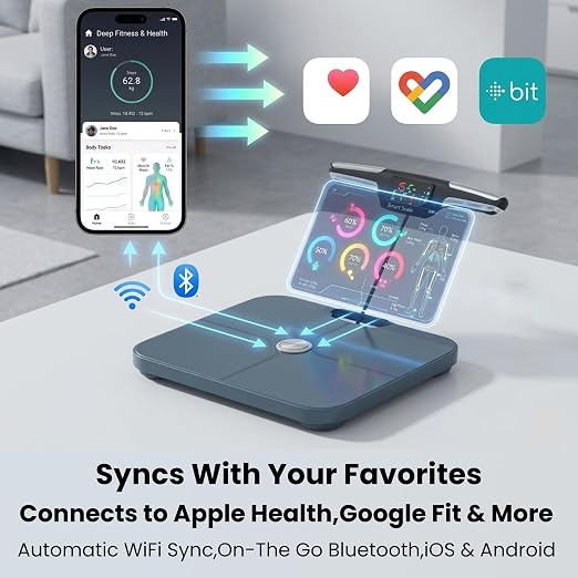 Premium Smart Digital Body Weight Scale - 8 Electrodes – 56+Metrics -Rechargeable- WiFi & Bluetooth - Full Body Analysis -Track Body Fat, Muscle Mass, Fat Percentage, Sleek Design