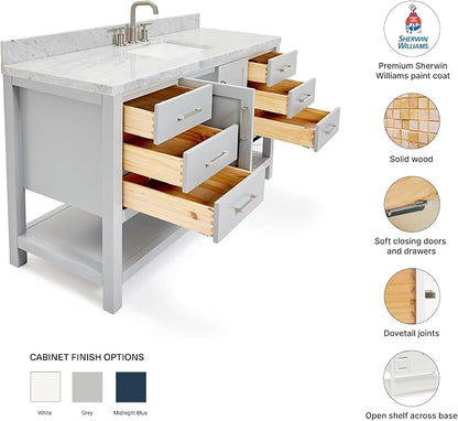 Olivia 60-Inch Grey Bathroom Vanity with Sink, 1.5" Edge Italian Carrara Marble Countertop & Backsplash, Rectangular Undermount Sink, 2 Soft Closing Doors, 6 Dovetail Drawers, Brushed Nickel