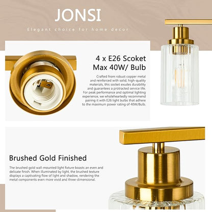 Jonsi Brushed Gold Bathroom Light Fixtures, 4-Light Brushed Gold Vanity Light, Bathroom Vanity Light with Stripe Glass Shade, E26 Wall Sconces Over Mirror for Bathroom, Living Room, Hallway